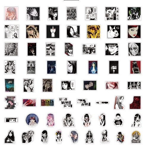 Set 100/50 Nhãn Dán Họa Tiết Truyện Tranh Kinh Dị Nhật Bản Màu Trắng Đen Trang Trí Hành Lý/ Ván Trượt/ Laptop