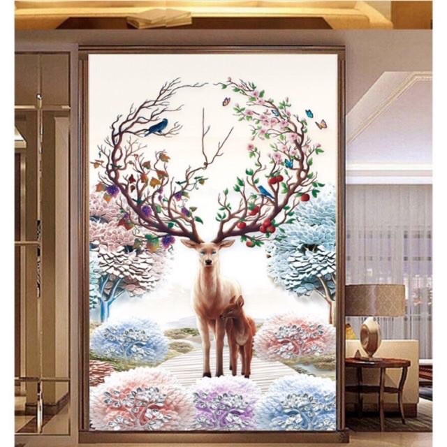 TRANH THÊU PHONG CẢNH HƯƠU NAI TÀI LỘC FJ0795 (80X148) FJ0794 (65X120)