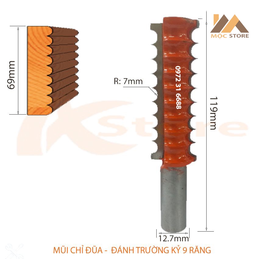 MŨI PHAY GỖ - MŨI SOI GỖ ĐÁNH CHỈ ĐŨA - ĐÁNH TRƯỜNG KỶ 9 RĂNG 69MM CỐT 12.7MM, HÀNG VIỆT NAM CHẤT LƯỢNG CAO