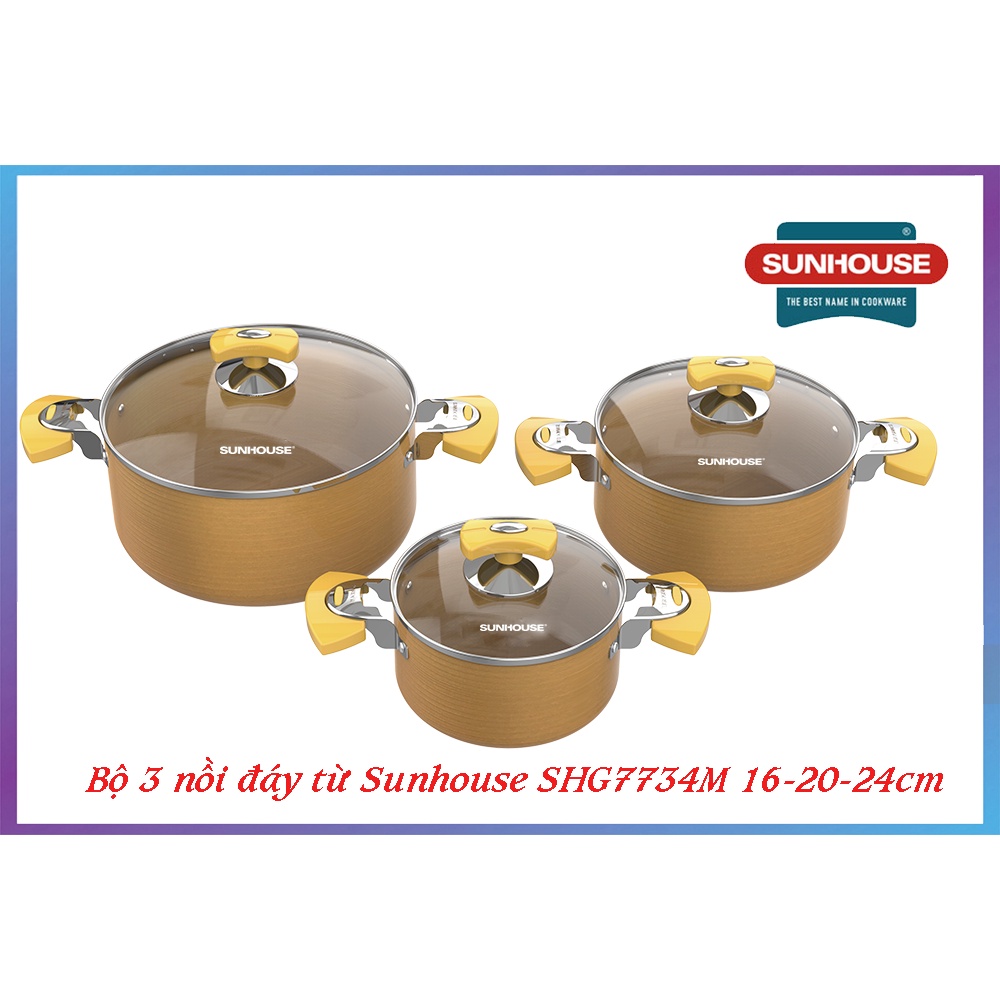 Bộ 3 nồi Anod đáy từ Sunhouse SHG7734M sử dụng cho mọi loại bếp [Màu vàng đồng]