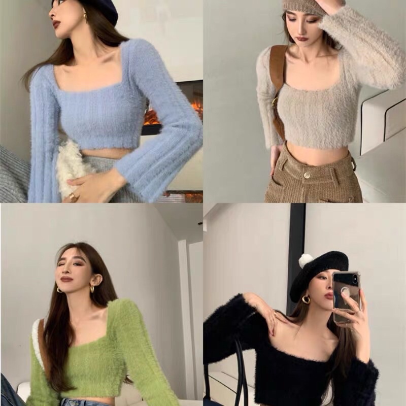 Áo len croptop cổ vuông tay loe