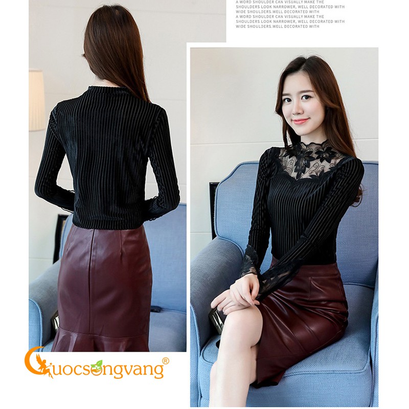 Áo kiểu dáng ôm phối ren áo nhung lót lông GLA155 đen Cuocsongvang