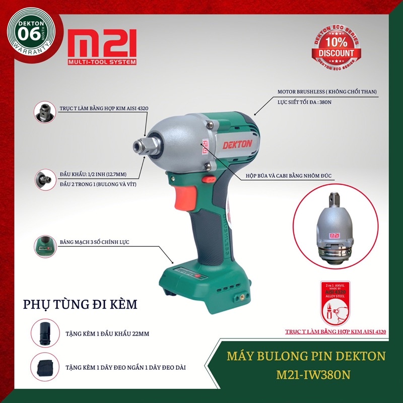 Máy Siết Bulong Dekton 2in1 Eco Series 380N.m / M21-IW380N / Motor Brushless / Chân Pin Phổ Thông Makita