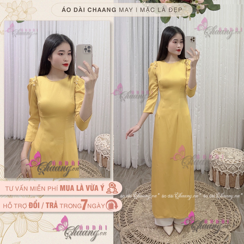 Áo Dài Cách Tân Nữ Tay Xếp Bồng Phồng Đính Ngọc May Sẵn Lụa Tây Thi 2 Tà Truyền Thống