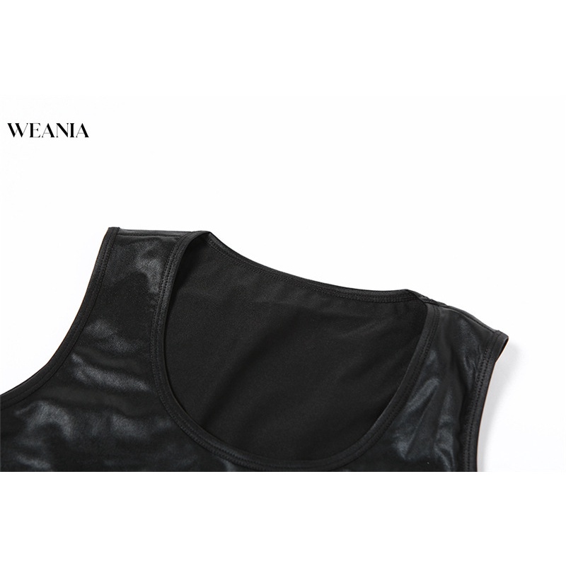 Set Áo Tank Top Cổ Chữ U + Chân Váy Da PU Lưng Thấp Phong Cách Quyến Rũ