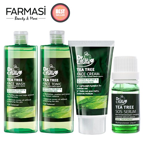 Bộ 4 Tea Tree Dành Cho Da Mụn: Gel Rửa Mặt 225ml & Tonic 225ml & Serum 10ml & Kem Dưỡng 50ml Farmasi