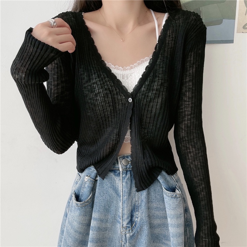 Áo len mỏng kiểu nữ cardigan Hàn Quốc Áo cardigan nữ dài tay khoác ngoài form rộng cổ V Thời trang