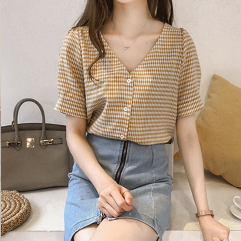 Áo Sơ Mi Tay Ngắn Dáng Rộng Cổ Chữ V Kẻ Ca-Rô Trẻ Trung Thanh Lịch Hợp Thời Trang