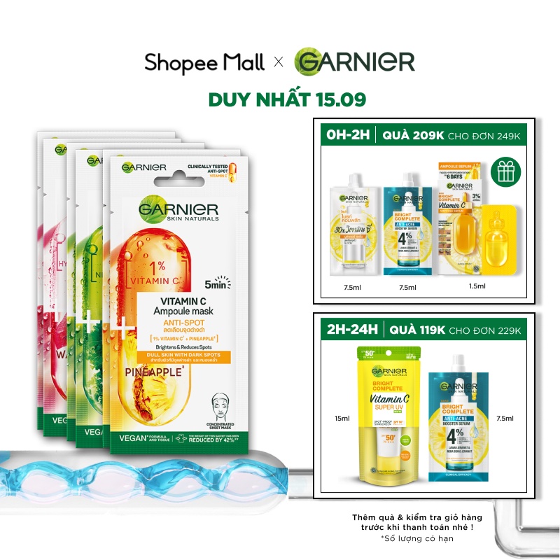 Bộ 6 mặt nạ tinh chất giúp làm sạch sâu, giảm bã nhờn, sáng da & chống lão hóa Garnier 5 Minute Ampoule Mask 15GX6