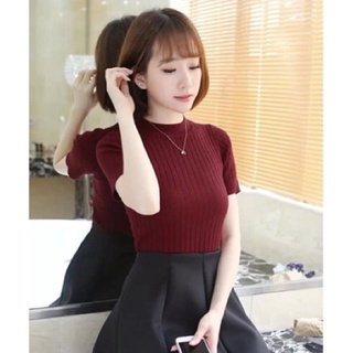 Áo thun dệt kim cổ lọ dáng ôm màu trơn thời trang cho nữ , áo thun nữ tay ngắn áo mùa hè áo dệt kim tay ngắn