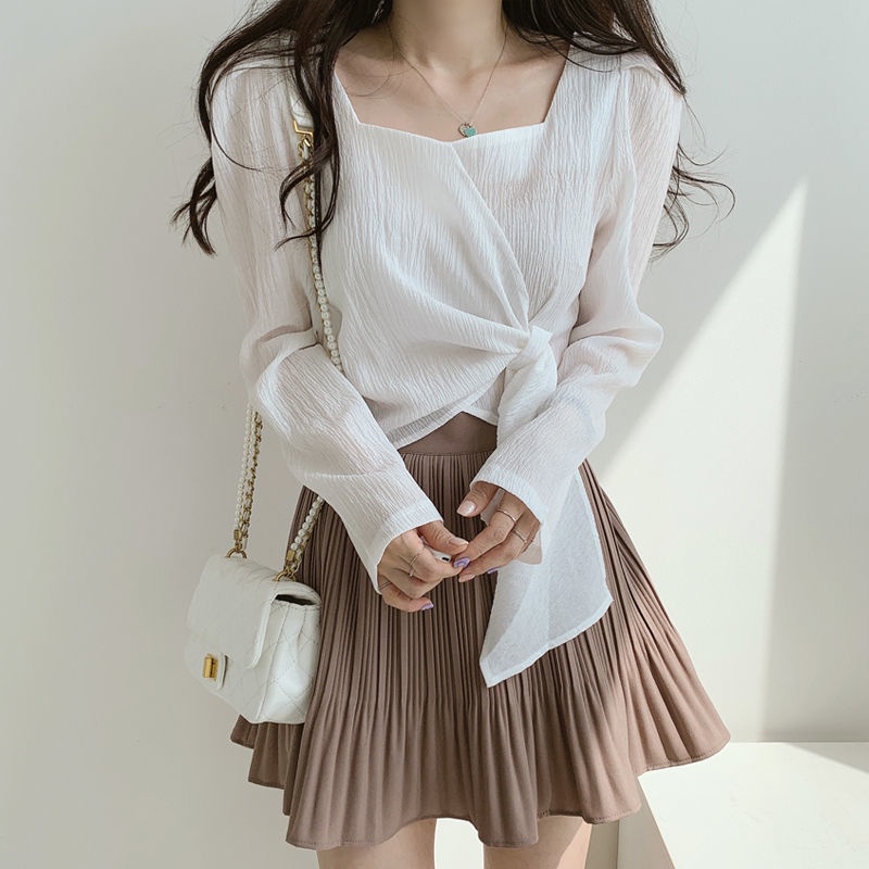 Áo Kiểu Tay Dài Cổ Vuông Thắt Dây Phong Cách Hàn Quốc Thời Trang Cho Nữ