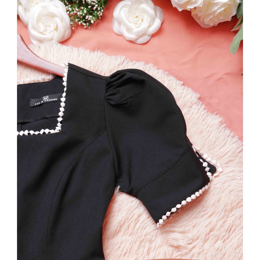 Đầm công sở đen cổ vuông thiết kế chữ a sang trọng trẻ trung tay ngắn thời trang eo che bụng hợp đi làm đi chơi – Lux W | BigBuy360 - bigbuy360.vn