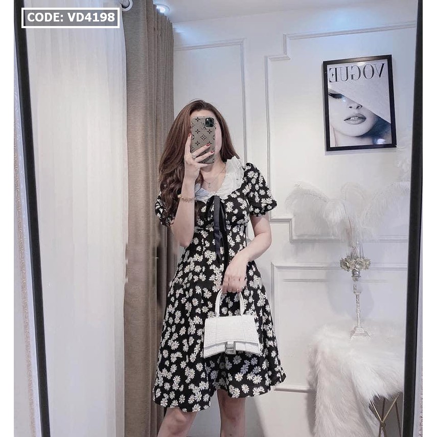 ( ẢNH THẬT )Đầm Xòe Hoa Cúc Dự Tiệc Đầm Thiết Kế Bâu Trắng Hot Trend