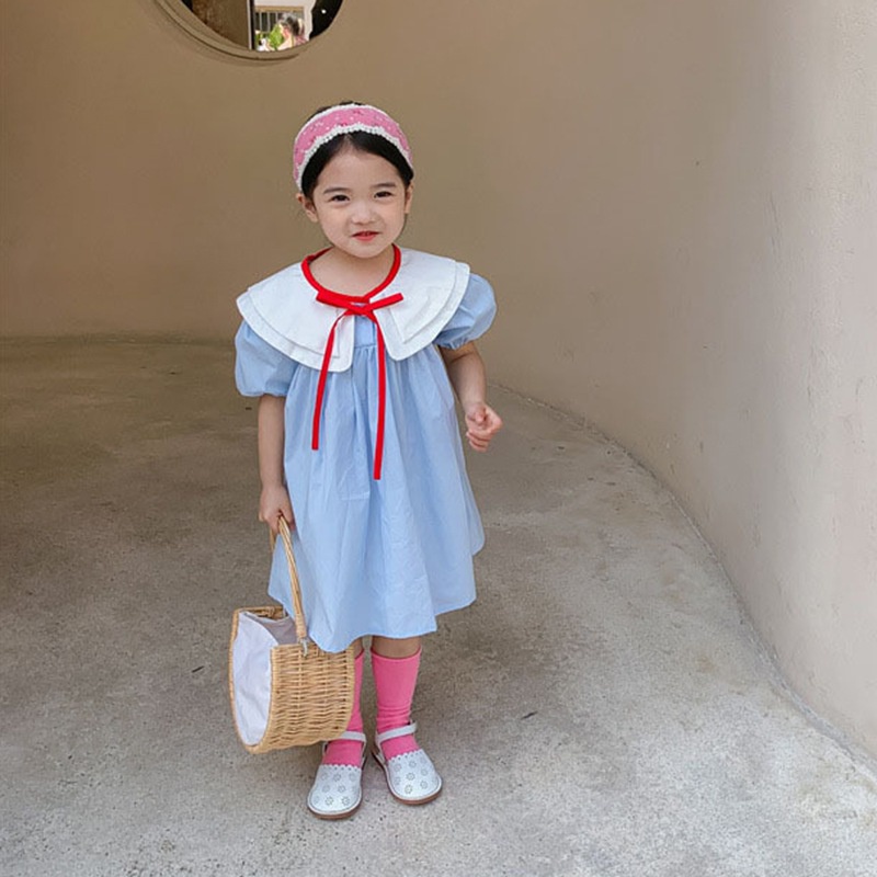 Đầm Công Chúa Tay Phồng Cổ Búp Bê Màu Sắc Tương Phản Thời Trang Mùa Hè Hàn Quốc Cho Bé Gái