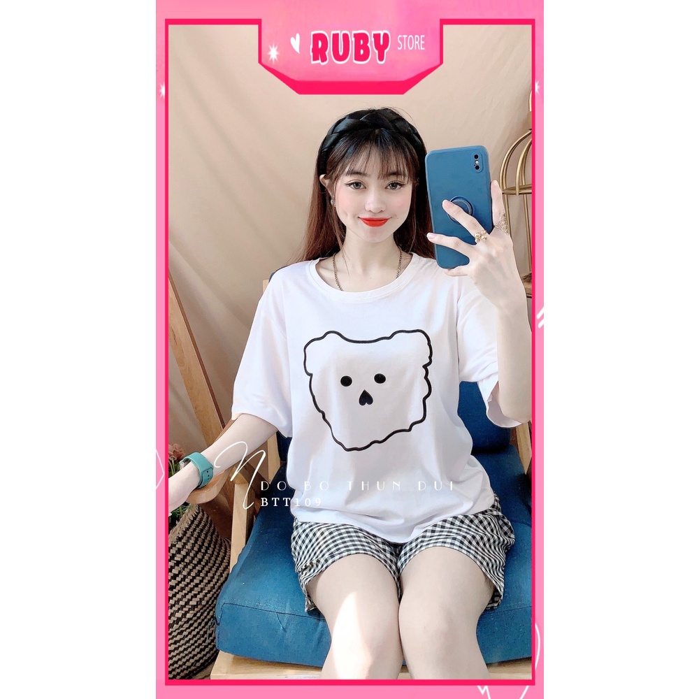 Đồ bộ nữ mặc nhà chất thun mềm mịn mát in hình gấu phối quần caro dễ thương BTT109