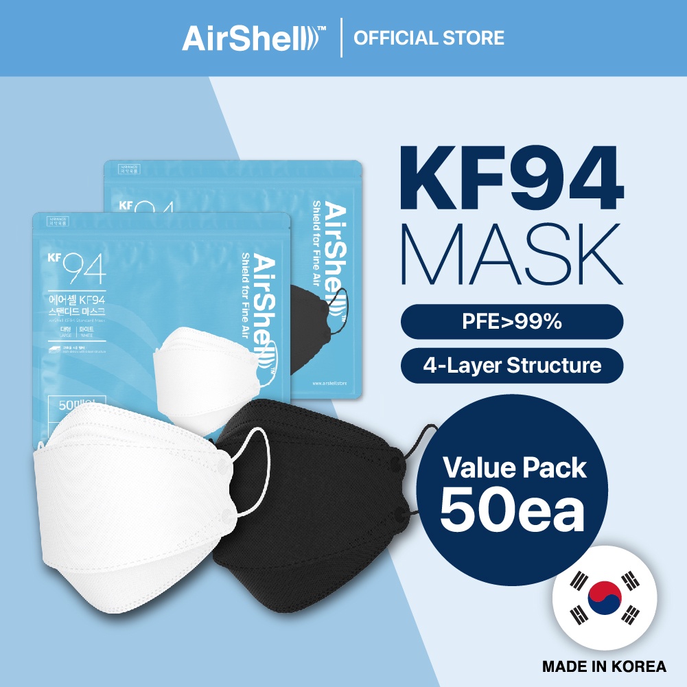 Bộ 50 Khẩu Trang AirShell KF94 4ply MFDS Màu Trắng Đen Tiêu Chuẩn Cho Nam Và Nữ