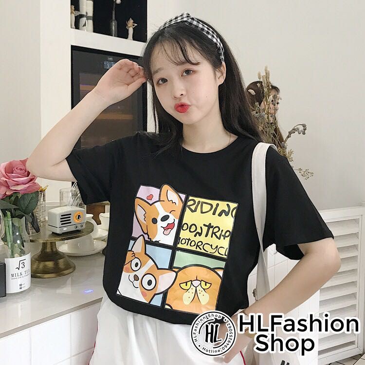 Áo thun tay lỡ form rộng cún con, áo phông form rộng size HLFashion