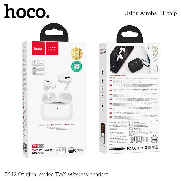 Tai nghe Bluetooth HOCO ES42 NEW 2020 BT5.0 Pro-pin 400mAh -Hỗ trợ sạc ko dây-Tặng kèm case