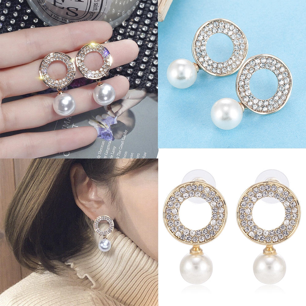 Khuyên tai dáng tròn đính hạt ngọc trai nhân tạo