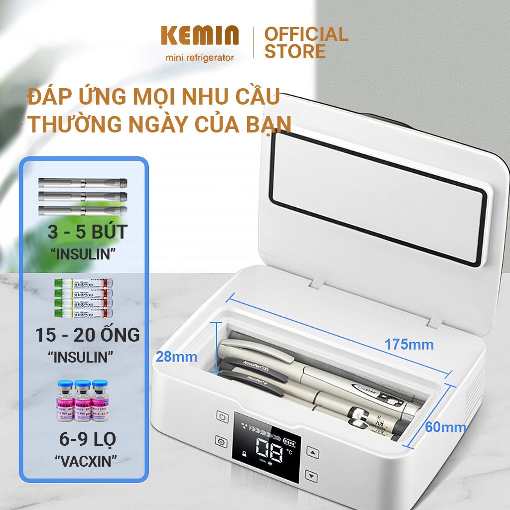 Hộp lạnh di động Kemin K1 Pin 10400mah- Bảo quản Insulin, vacxin, thuốc, filer,botox- Tặng kèm túi đeo