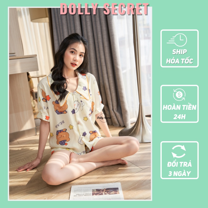 Bộ đồ ngủ Pijama lụa họa tiết đáng yêu phong cách Hàn Quốc cổ viền tay bồng cao cấp DOLLY SECRET CC09