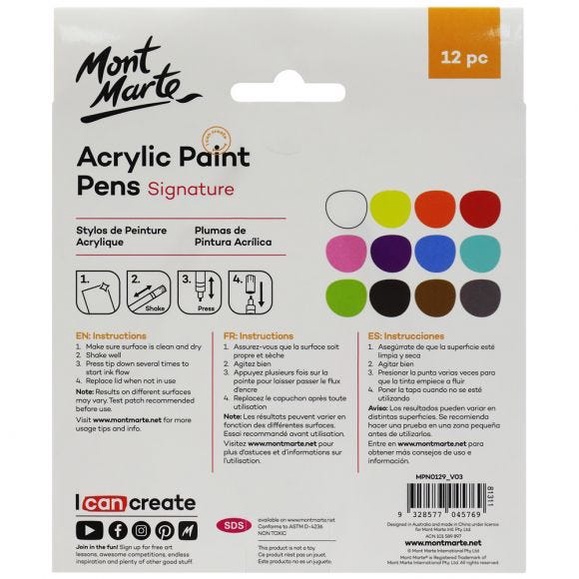 Bút Sơn Acrylic 12 Màu - Acrylic Paint Pens Mont Marte Đầu Bút 1mm - mpn0129 - Vẽ Trên mọi chất liệu