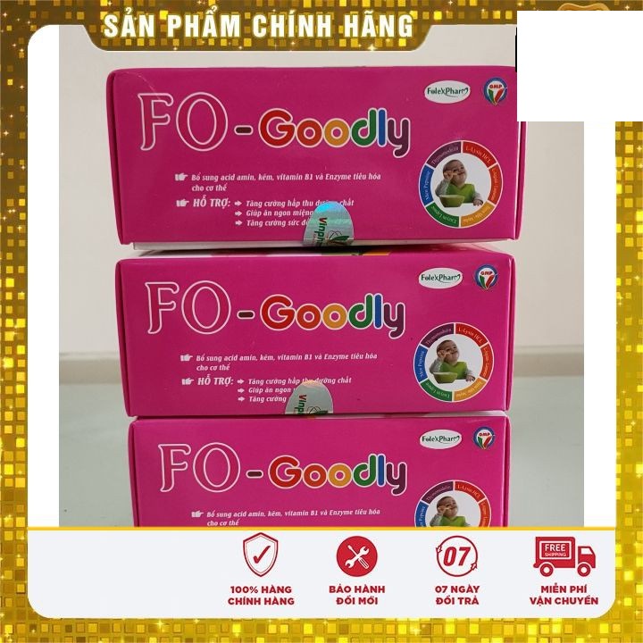 Fo -Goodly bổ sung acid amin ,kẽm ,vitamin b1 ,enzyme tiêu hóa cho cơ thể ,hỗ trợ tăng cường hấp thu dưỡng chất