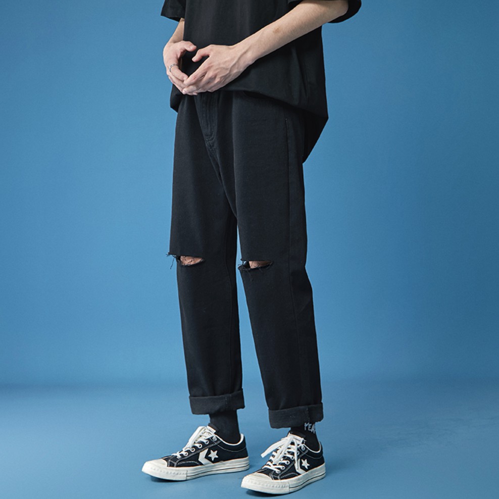 [Tiền Nào Của Đấy]Quần Jean Baggy Nam Rách Gối Ống Rộng Đen Trơn Không Phai Màu Vải Co Giãn-B06 | BigBuy360 - bigbuy360.vn