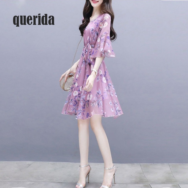 Đầm voan hoa eo ôm dài vừa phải phong cách nhẹ nhàng thời trang cho nữ