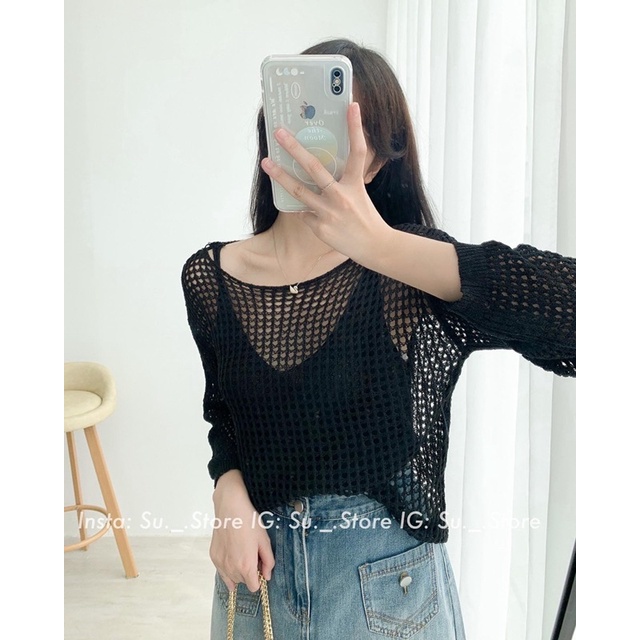 set áo len lưới cổ tròn mix áo dây đồng màu (2398#)