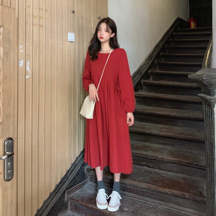 Váy xòe dáng dài tay dây rút eo đơn giản Hàn Quốc Có ảnh thật