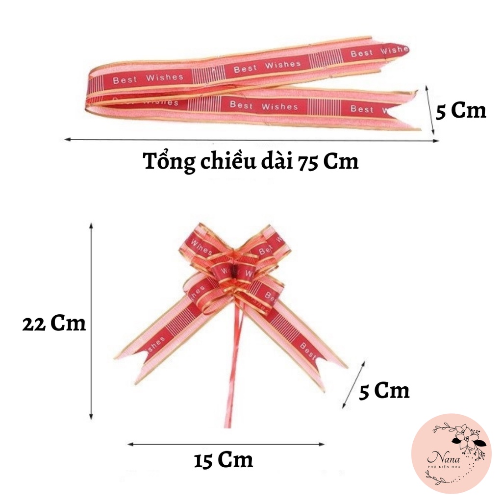 [Size 15*22cm] Nơ Rút Cánh Bướm In Chữ BEST WISHES, Voan Lụa Viền Vàng, Trang Trí Hộp Quà - Tiệc - Xe Hoa