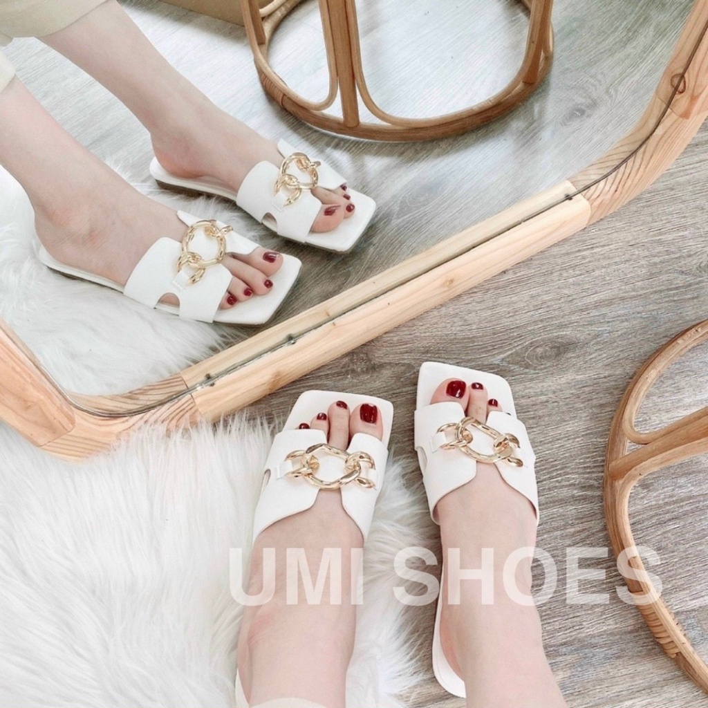 [SẴN- 3 MÀU] Dép nữ móc khóa xích xoắn mũi vuông đế bệt đi biển đi chơi mùa hè màu đen/trắng/kem đẹp mới hot xinh