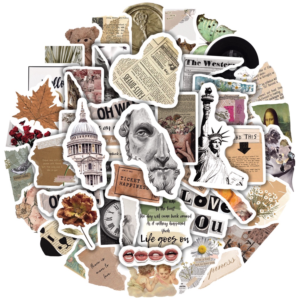 Set 50 chiếc sticker chống nước BULLET JOURNAL retro dán nón bảo hiểm, vali, laptop, ốp lưng, bình nước