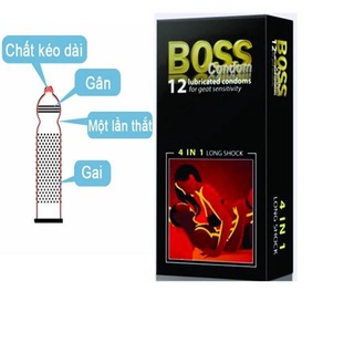 Bao cao su Boss 4 in 1, gân gai, siêu mỏng, kéo dài thời gian, hộp 12 cái