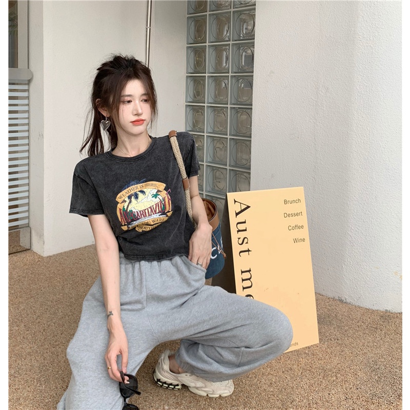 QKOOLE Áo thun nữ  ngắn tay cổ tròn thời trang Hàn Quốc