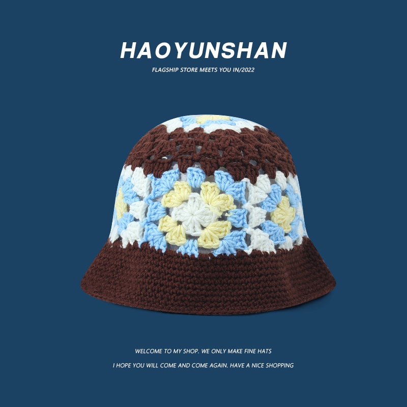 Mũ Bucket Đan Len Thủ Công Thoáng Khí Màu Sắc Tương Phản Phong Cách Nhật Bản Cho Nữ