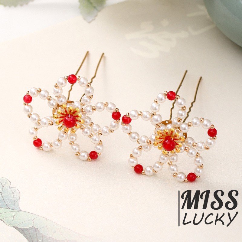 Set 2 Kẹp Tóc Hình Hoa Đính Ngọc Trai Sang Trọng Cho Nữ