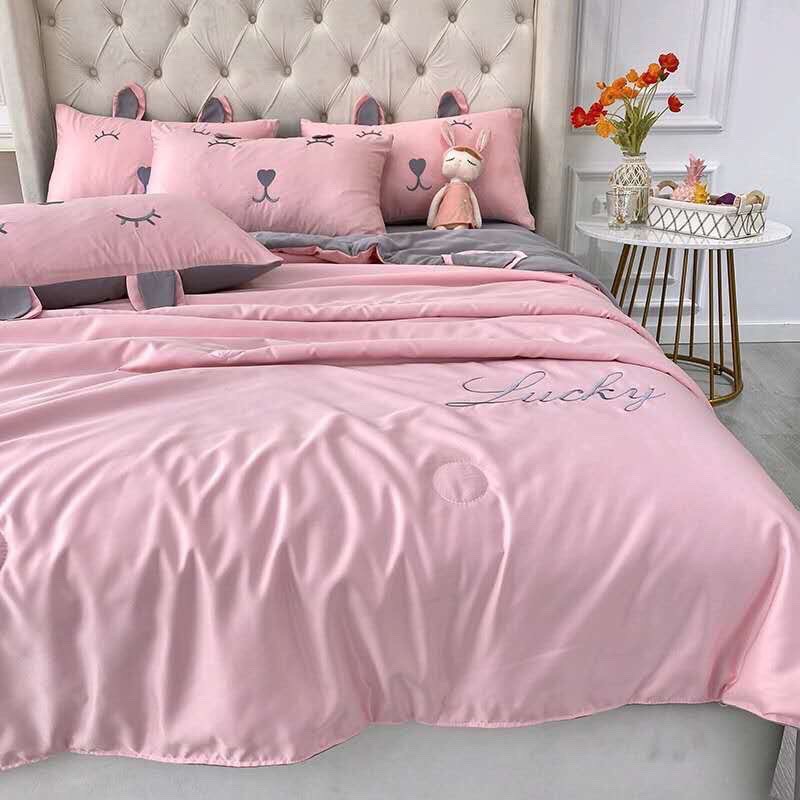 Bộ chăn ga gối cotton  lụa thái siêu xinh [ ga chun chăn chần hè vỏ gối ] hàng nhập khẩu