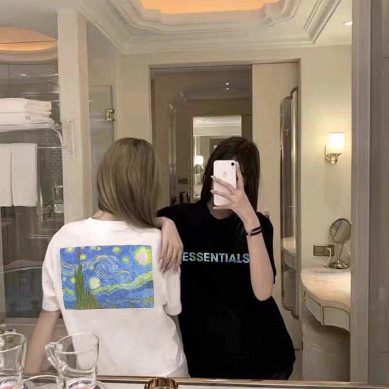 FEAR OFGOD Double Line ESSENTIALS High Street FOG Van Gogh Starry Print Tide Brand Short Sleeve Loose T-Shirt