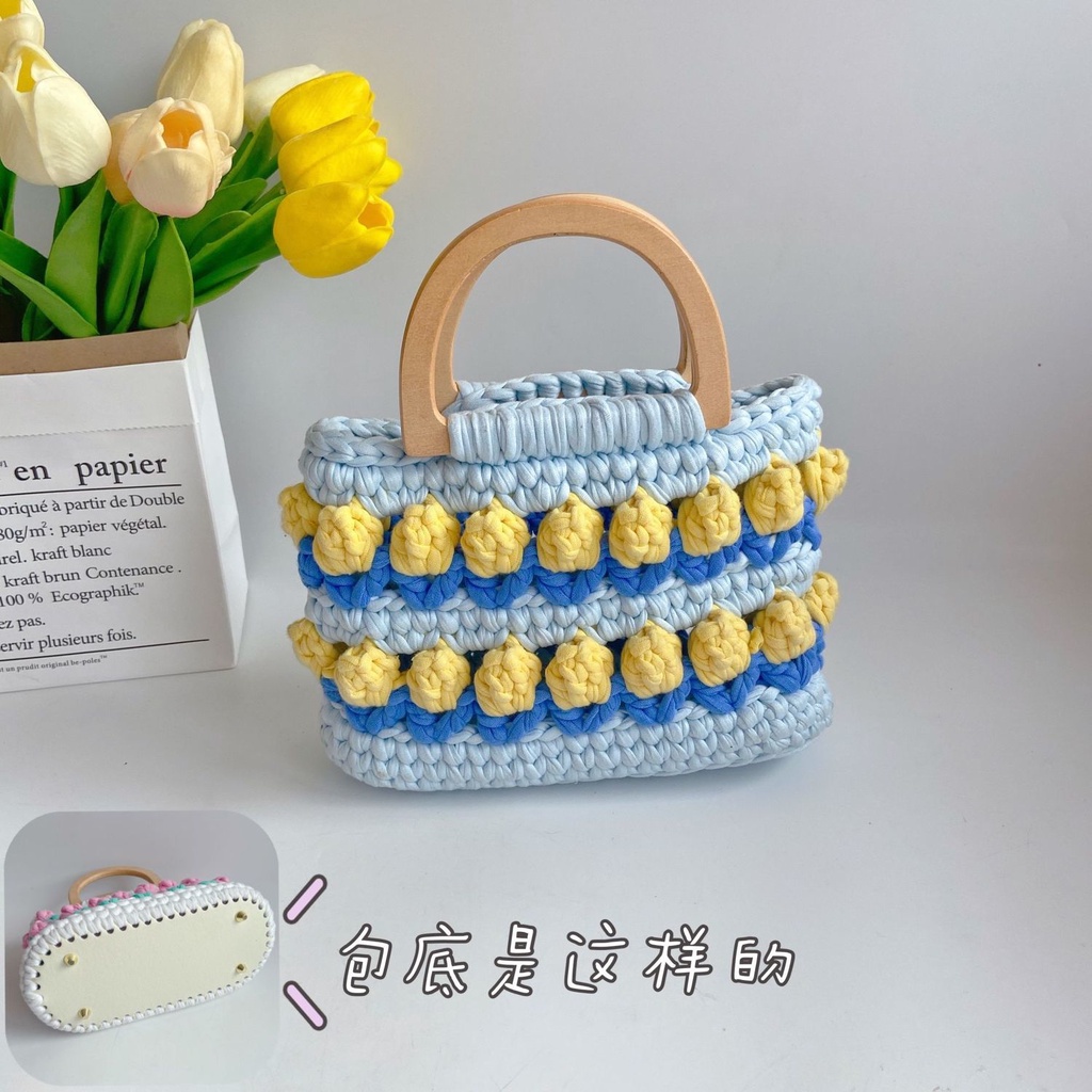 Vải sợi len móc túi xách hoa tulip tay xách bằng gỗ DIY