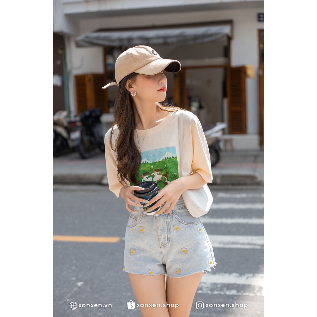 Quần short jean Quần đùi jean thêu hoa trẻ trung XONXEN SHOP mã 1085