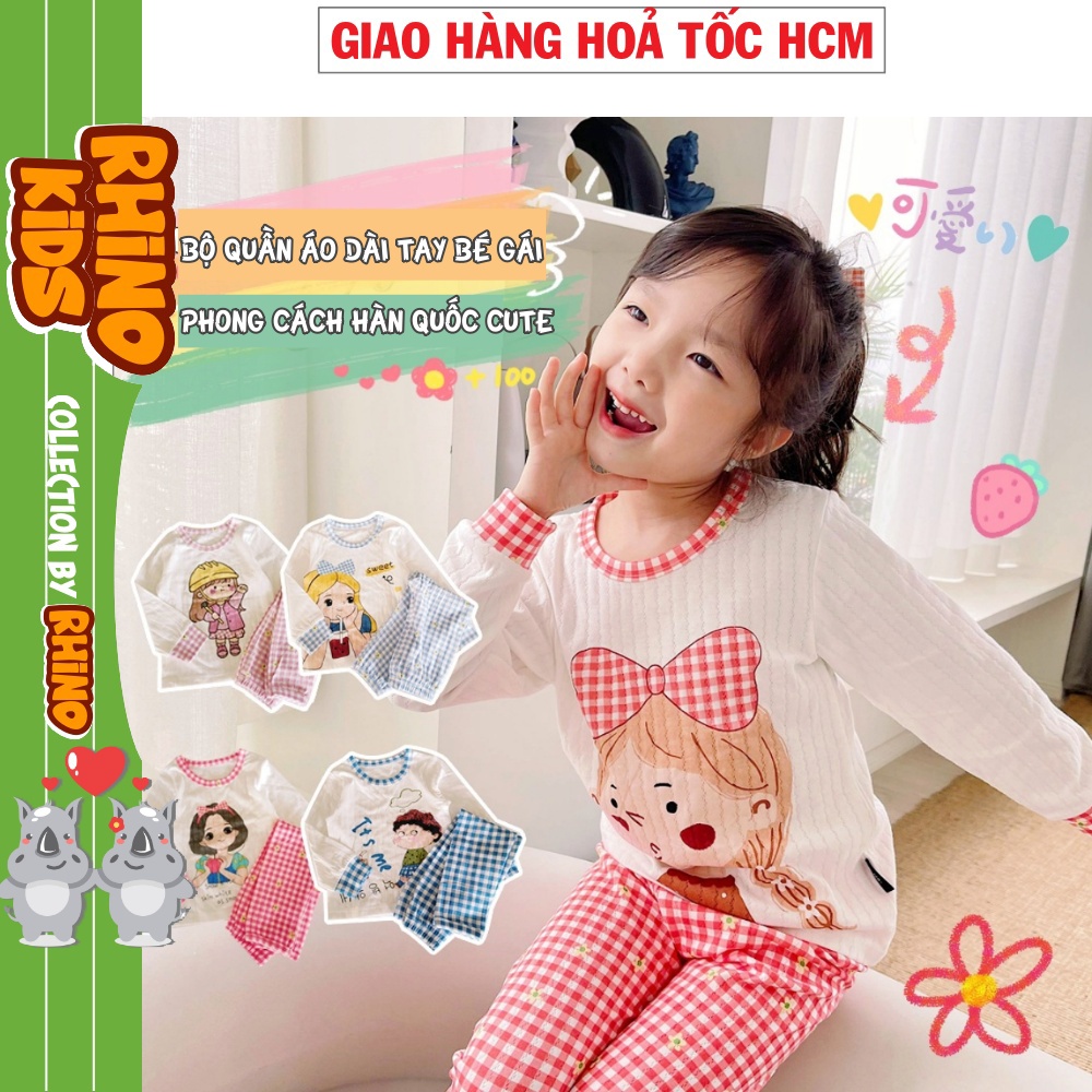 Bộ quần áo dài tay cho bé gái mặc nhà đi học phối quần sọc caro chất liệu cotton vải mát mẻ sang xịn phong cách Hàn Quốc