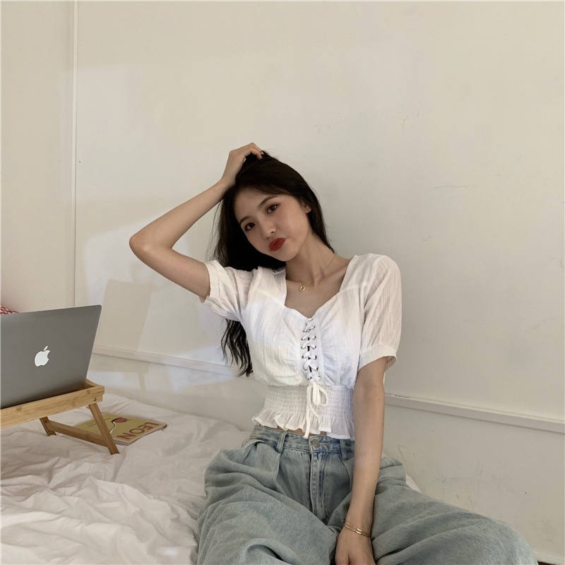 SUXI Áo Sơ Mi Tay Ngắn Cổ Vuông Màu Sắc Đơn Giản Thời Trang Mùa Hè Xinh Xắn Cho Nữ