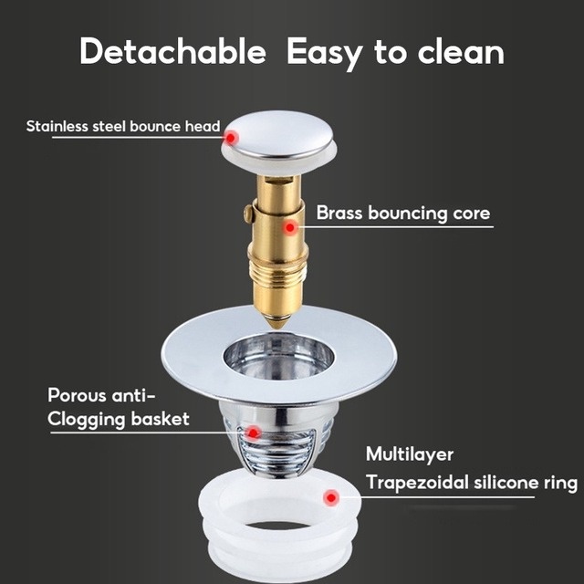 Nắp lọc làm từ thép không gỉ gắn lỗ thoát nước bồn rửa, Nắp thoát nước inox chặn rác, Nút nhấn bộ xả lavabo