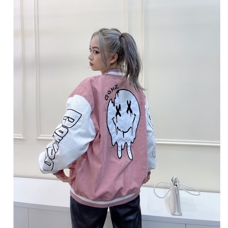 Áo Varsity Jacket Unisex Form rộng nhung tăm 2 lớp Hình thêu 100% Áo khoác bomber nữ Gonz Bóng chày màu hồng