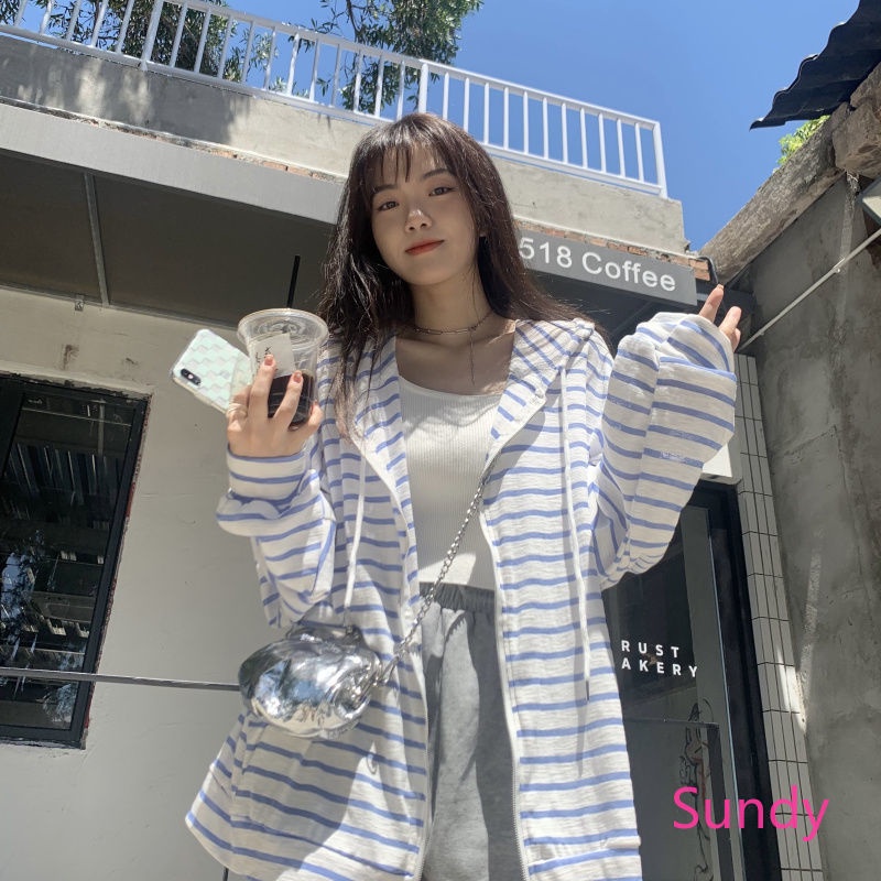 Áo Khoác Cardigan Chống Nắng Dáng Rộng Họa Tiết Kẻ Sọc Thời Trang Mùa Thu Phong Cách Hàn Quốc Cho Nữ