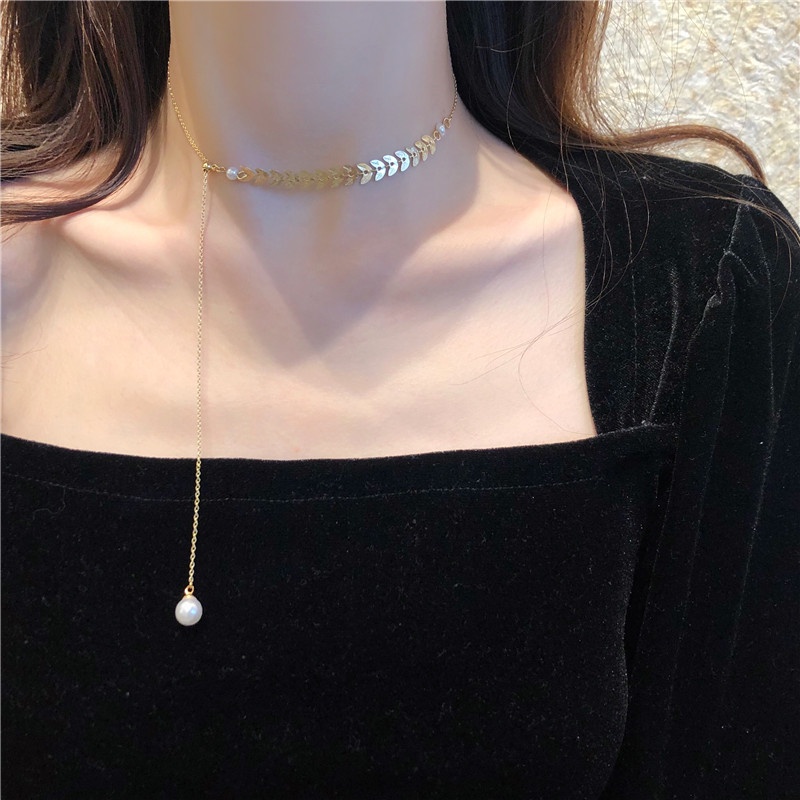 Dây chuyền sợi xích mặt hình hoa đính ngọc trai phong cách Hàn Quốc tối giản