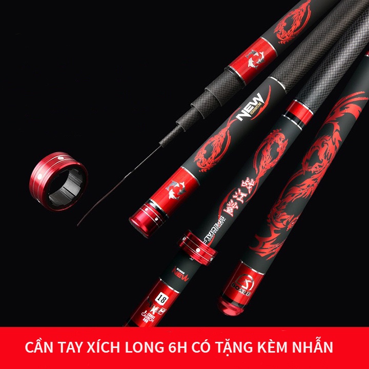 Cần câu tây, cần câu đơn Xích Long,chất liệu cacbon tặng kèm nhẫn chống chơn và đọt phụ, đủ size từ 3m6 - 6m3