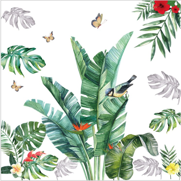 Decal dán tường trang trí - BỤI CHUỐI KẾT HỢP BẠC HÀ HOA ĐỎ CHIM XANH